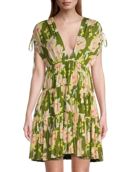 Многоярусное мини-платье с цветочным принтом Rebecca Taylor, зеленый