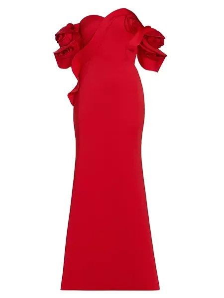 Платье с открытыми плечами и розами Badgley Mischka, красный