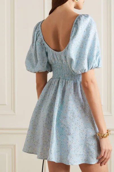 PEONY + NET SUSTAIN присборенное льняное платье мини с цветочным принтом, синий