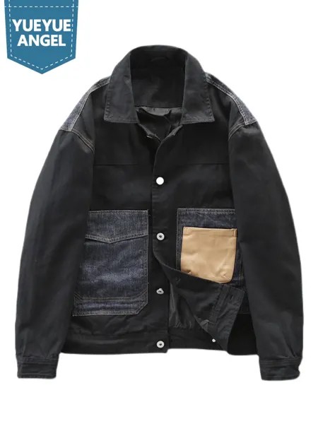 Куртка мужская джинсовая в стиле пэчворк, однобортная уличная одежда из денима, пальто в стиле хип-хоп, повседневная верхняя одежда в стиле сафари, на осень