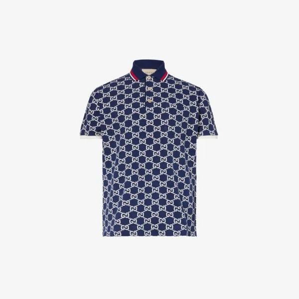 Рубашка-поло из хлопка с полосатой отделкой и монограммой Gucci, синий