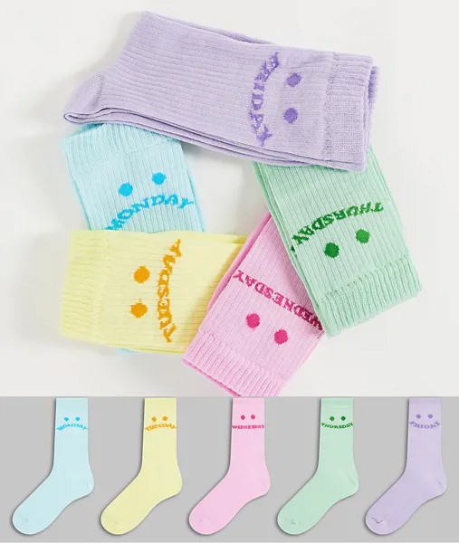 Набор из 5 пар носков до щиколотки пастельных цветов в рубчик с принтом лиц с названиями дней недели ASOS DESIGN-Multi
