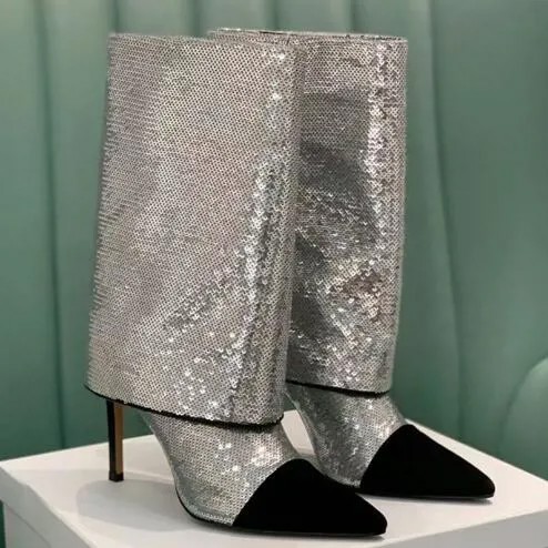 Серебристые, черные, золотые Лоскутные блестящие ботинки с острым носком, со складками, до середины икры, женские туфли на тонком высоком каблуке без застежек, модные короткие сапоги