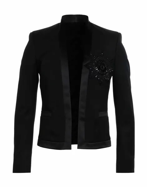 Пиджак с атласной отделкой и аппликацией из страз Balmain, черный