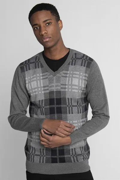 Мужской серый свитер в клетку с v-образным вырезом Slim Fit TUDORS