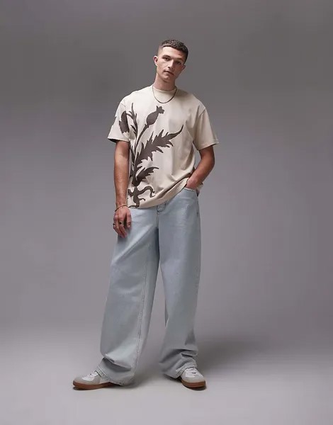 Высококачественная футболка оверсайз Topman каменно-бежевого цвета с принтом чертополоха спереди и сзади