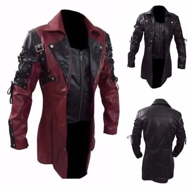 Мужской Готический тренчкот в стиле стимпанк, черная, красная, 5XL, кожаная куртка, байкерская куртка в стиле панк, осенне-зимняя мотоциклетна...