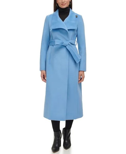 Женское шерстяное пальто макси с поясом и воротником-стойкой Kenneth Cole, синий