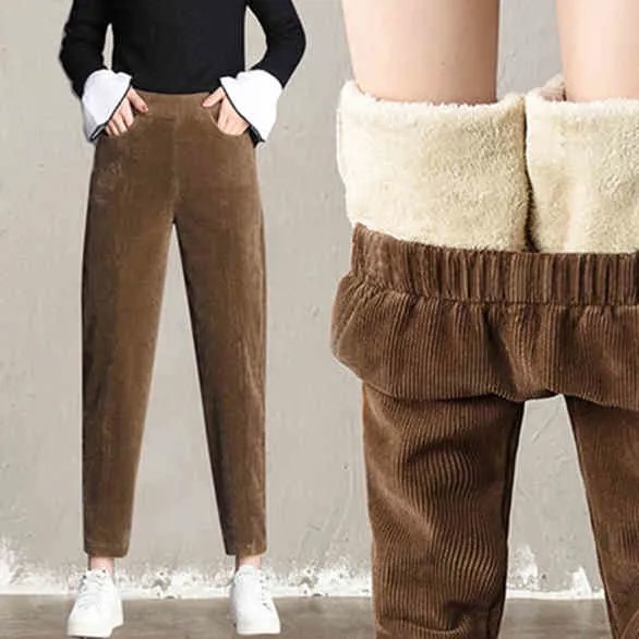 Женская мода Зима Утолщение Плюшевый Вельвет Повседневные брюки Теплые брюки с высокой талией