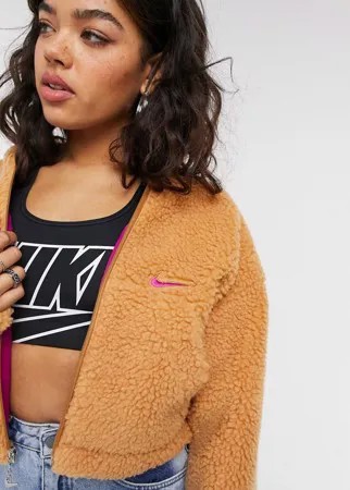 Светло-коричневая укороченная куртка из флиса под овчину Nike-Бежевый
