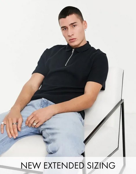 Черная футболка-поло из вафельной ткани с короткой молнией ASOS DESIGN-Черный цвет