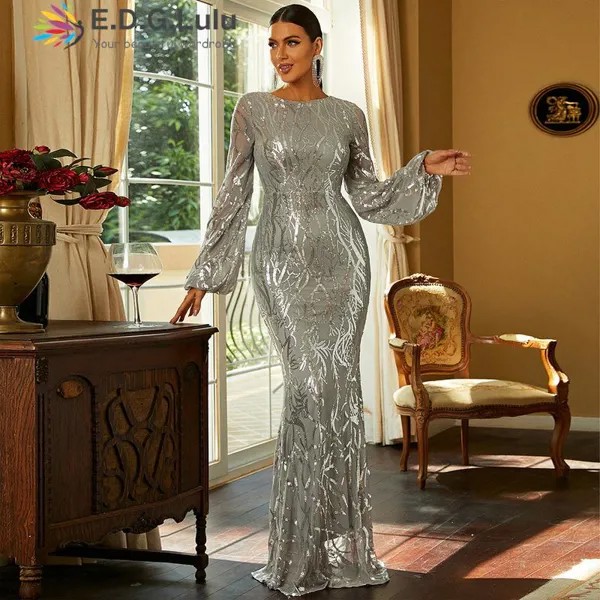 EDGLuLu Vestidos Elegantes Para Mujer o-образный вырез рукав-фонарик Русалка платье с принтом серебряные блестки вечернее платье 0828