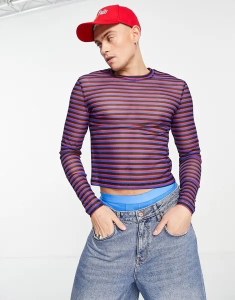 Облегающий сетчатый укороченный лонгслив с принтом в полоску ASOS DESIGN-Разноцветный