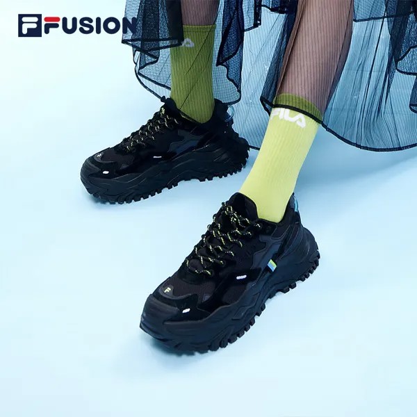 Кроссовки женские Fila Fusion на шнурках, черный / салатовый
