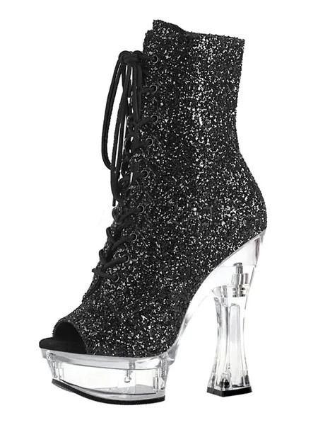 Milanoo Women's Glitter Lace Up Sexy Ankle Boots Clear Platform Chunky Heels