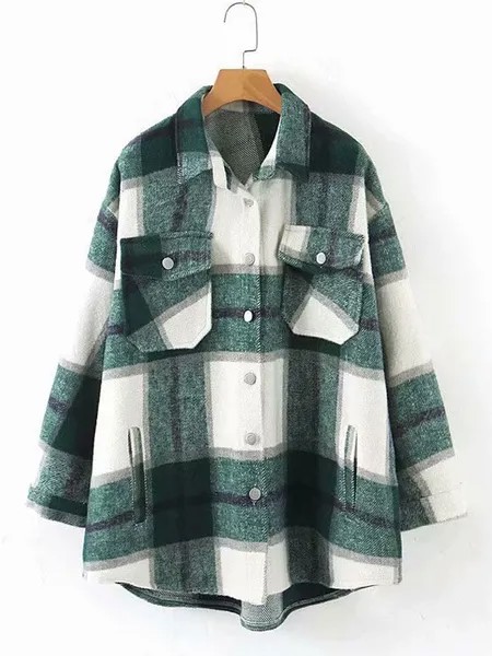 Milanoo Women Shirt Jacket Green Plaid Polyester Long Sleeve Warmth-Preservation Short Coat