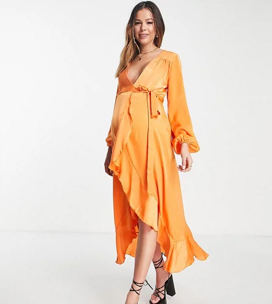 Мандариновое платье макси с длинными рукавами и запахом Flounce London Maternity-Оранжевый цвет