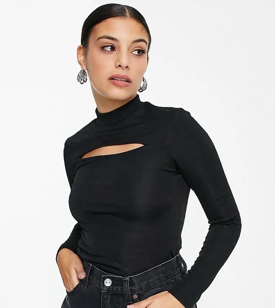 Черный атласный лонгслив с вырезом Topshop Petite-Черный цвет