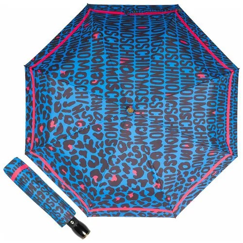 Мини-зонт MOSCHINO, автомат, 3 сложения, купол 96 см., 8 спиц, система «антиветер», чехол в комплекте, для женщин, синий