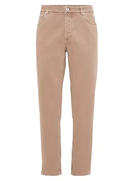 Комфортные легкие джинсовые брюки из окрашенного хлопка с пятью карманами традиционного кроя Brunello Cucinelli, коричневый