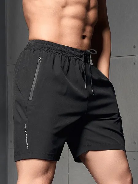 Мужские спортивные шорты SHEIN для фитнеса с буквенным принтом и шнурком на талии, черный