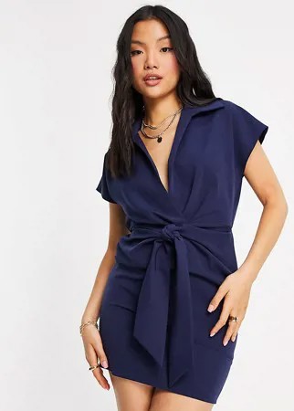 Темно-синее платье мини с воротником, запахом и завязками ASOS DESIGN Petite-Темно-синий