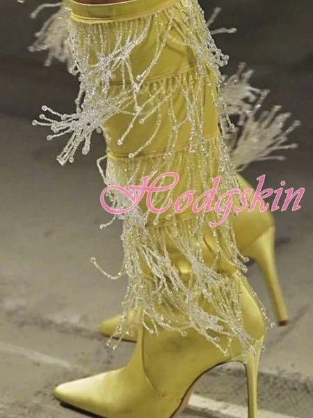 Сапоги женские с бахромой и бусинами, шелковые однотонные сапоги до колена на шпильке, заостренный носок, молния сбоку Вечерние вечернее платье, модельная обувь с бахромой