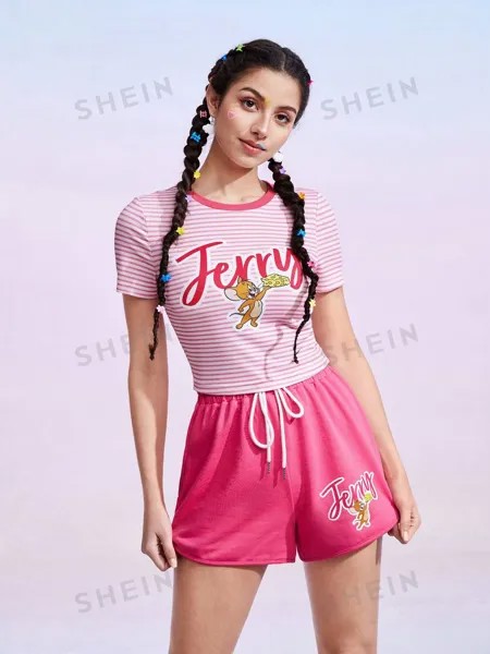 Футболка и шорты с короткими рукавами и короткими рукавами с принтом SHEIN, розовый