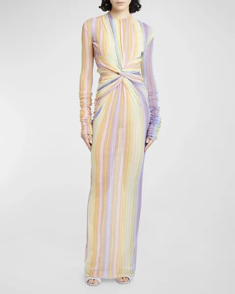 Платье макси с длинными рукавами и перекрученным вырезом в клетку Missoni, цвет Mlwhtorngrnpk