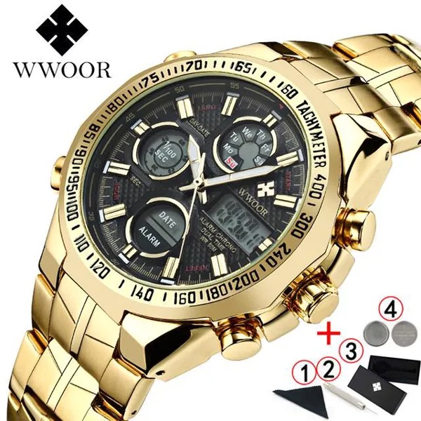WWOOR Watch Men 2023 Top Brand Luxury Big Dial Мужские золотые наручные часы Кварцевые водонепроницаемые светодиодные цифровые часы