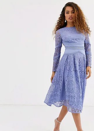 Кружевное платье для выпускного с длинными рукавами ASOS DESIGN Petite-Голубой