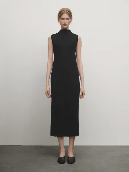 Трикотажное платье миди в рубчик Massimo Dutti, черный
