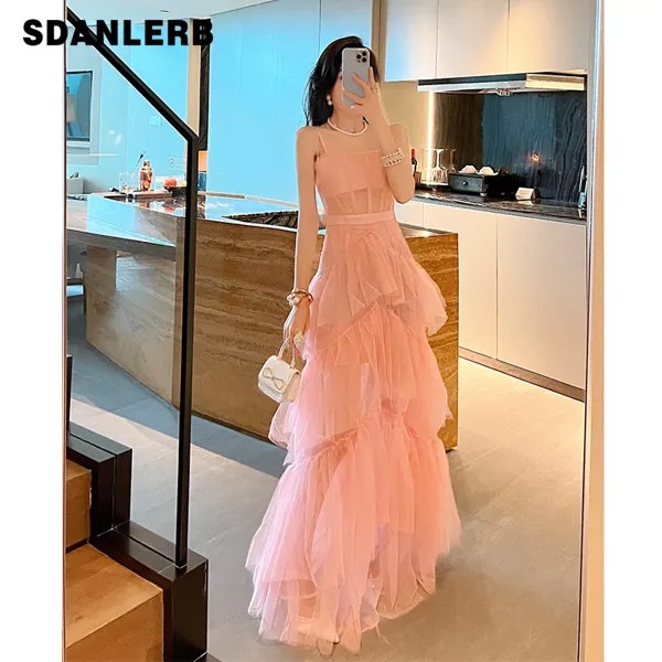 Женское летнее длинное платье-бандо, необычное Сетчатое длинное платье на бретельках розового цвета с оборками в несколько рядов и высокой ...