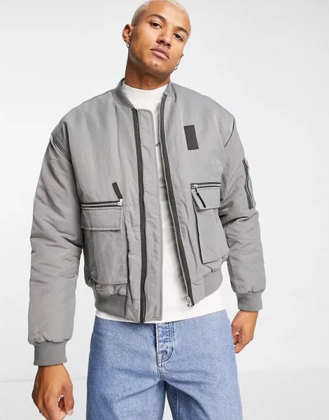 Серый утепленный oversized-бомбер с карманом MA1 ASOS DESIGN