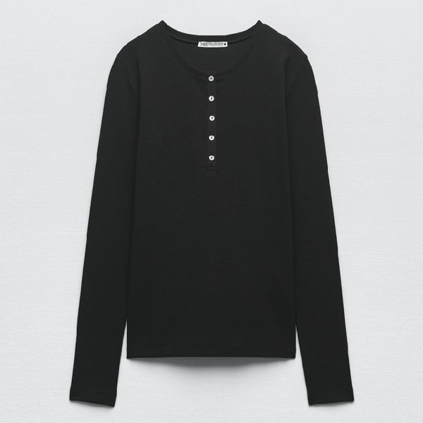 Лонгслив Zara Ribbed Henley, черный