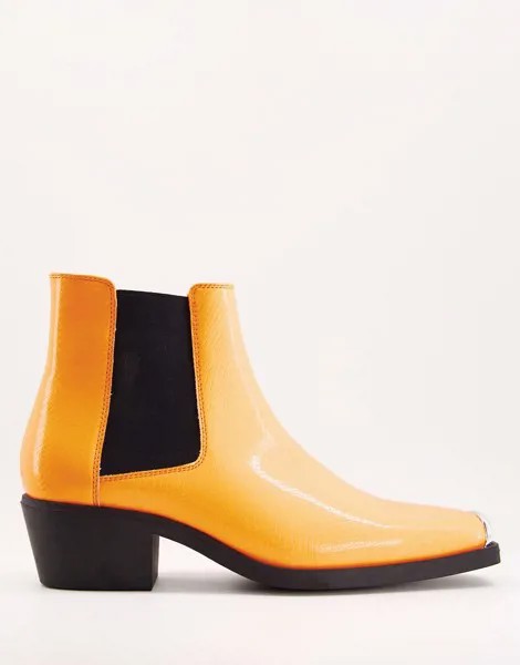 Оранжевые ботинки челси в стиле вестерн из искусственной кожи на кубинском каблуке с металлической отделкой ASOS DESIGN-Оранжевый цвет