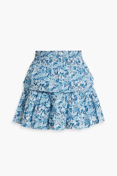 Многоярусная хлопковая мини-юбка с оборками и цветочным принтом Loveshackfancy, лазурный