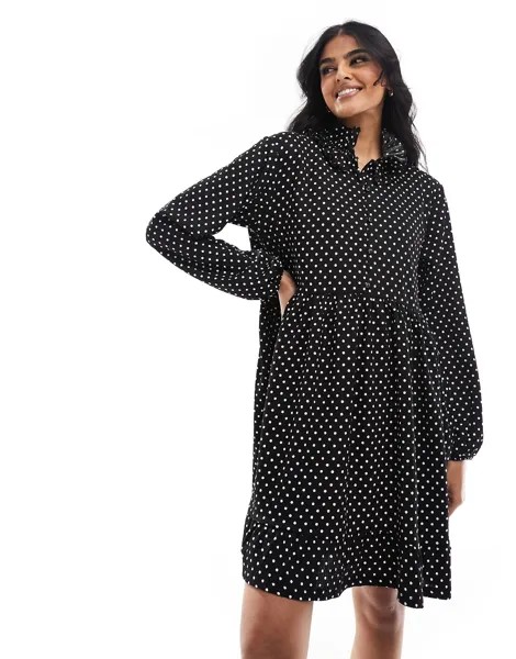 Платье мини Y.A.S High Neck Frill Smock In Polka Dot, черный