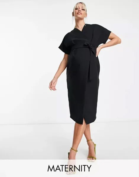 Черное платье миди с запахом и узором кимоно Closet London