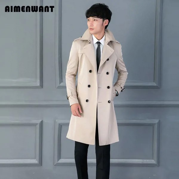 AIMENWANT Брендовое пальто для мужчин, новый дизайн, облегающие бежевые Длинные плащи, Великобритания, высокое качество, индивидуальный Размер, пальто, Мужское пальто