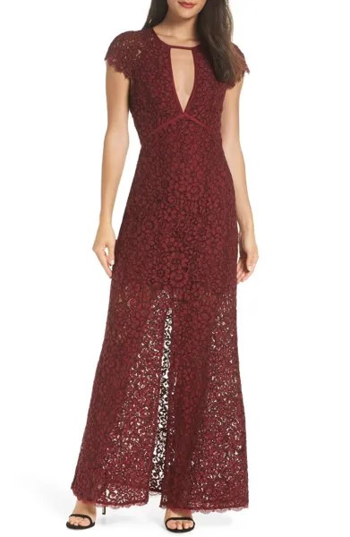 HARLYN Гранатово-красное прозрачное кружевное платье с цветочным принтом и вырезом сзади, M 8