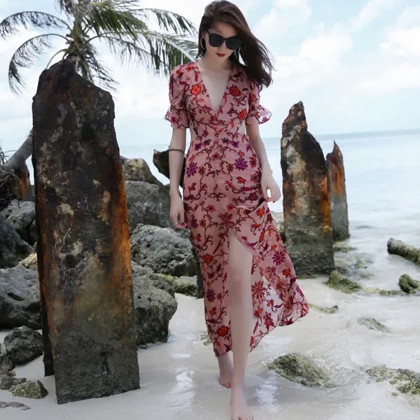 2021 Тайланд жаккардовая прозрачная пикантная богемная шифоновая юбка с разрезом и открытой спиной с цветами Феи для пляжа и курорта