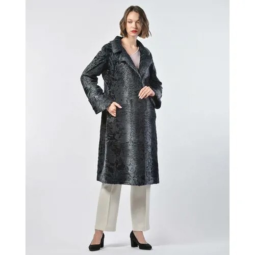 Пальто Manakas Frankfurt, каракуль, силуэт прямой, пояс/ремень, размер 40, синий