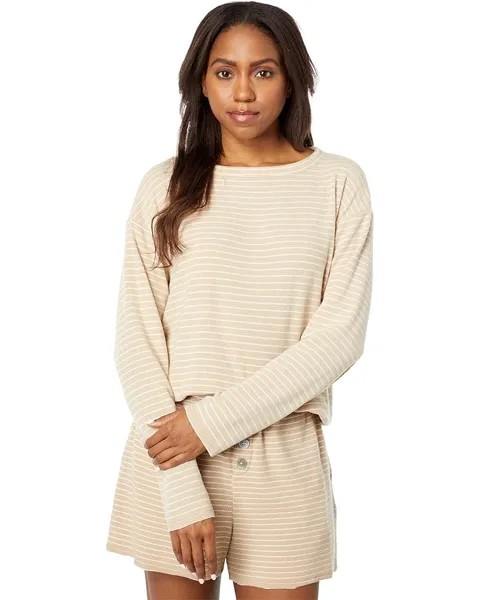 Пижамный комплект Mod-o-doc Cozy Stripe Rib Long Sleeve Crew and Paperbag Shorts Set, мокка