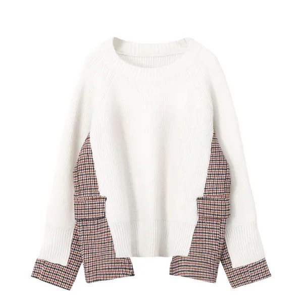 Осенний женский свитер в клетку, пэчворк, имитация двух частей, шерстяные пуловеры в японском стиле, женские Асимметричные джемперы