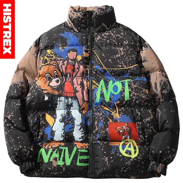 HISTREX - Куртка в стиле хип-хоп, парка с рисунком граффити, уличная мужская ветровка, зимняя стеганая куртка в стиле Харадзюку, пальто, винтажна...