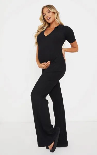 PrettyLittleThing Черный вязаный комбинезон-поло в рубчик с короткими рукавами и широкими штанинами для беременных