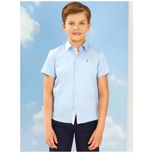 Школьная рубашка Noble People, свободный силуэт, короткий рукав, однотонная, размер 140, голубой
