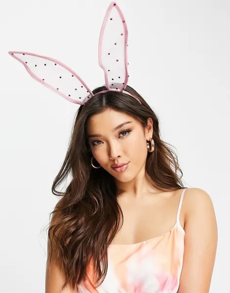 Черный ободок на голову с ушками кролика с отделкой стразами ASOS DESIGN-Розовый цвет