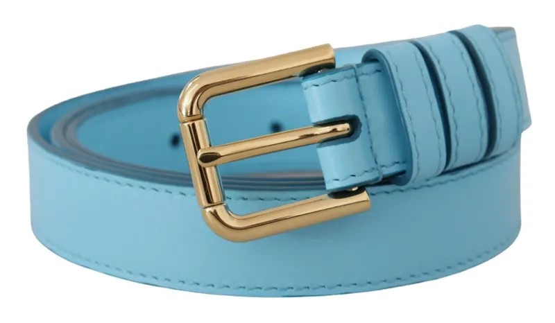 DOLCE - GABBANA Ремень Небесно-голубой кожаный золотистого цвета с металлической пряжкой с логотипом 90см/36n